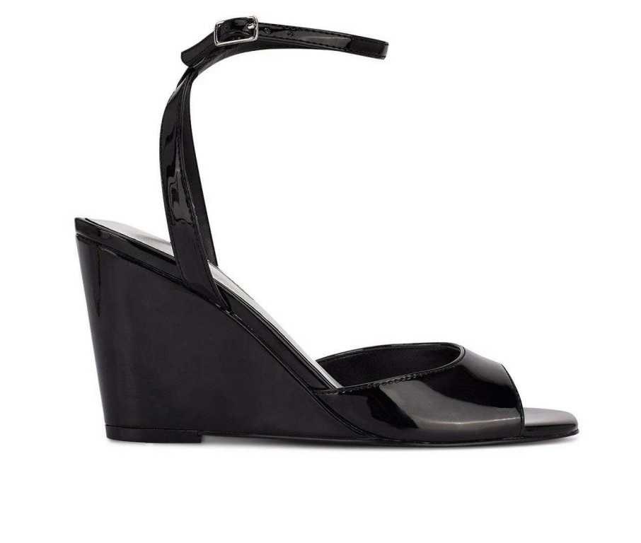 Heeled Sandals * | Wholesale Women'S Nine West Nevr Wedge Sandals Black Patent