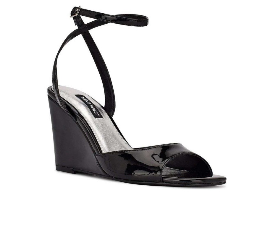 Heeled Sandals * | Wholesale Women'S Nine West Nevr Wedge Sandals Black Patent